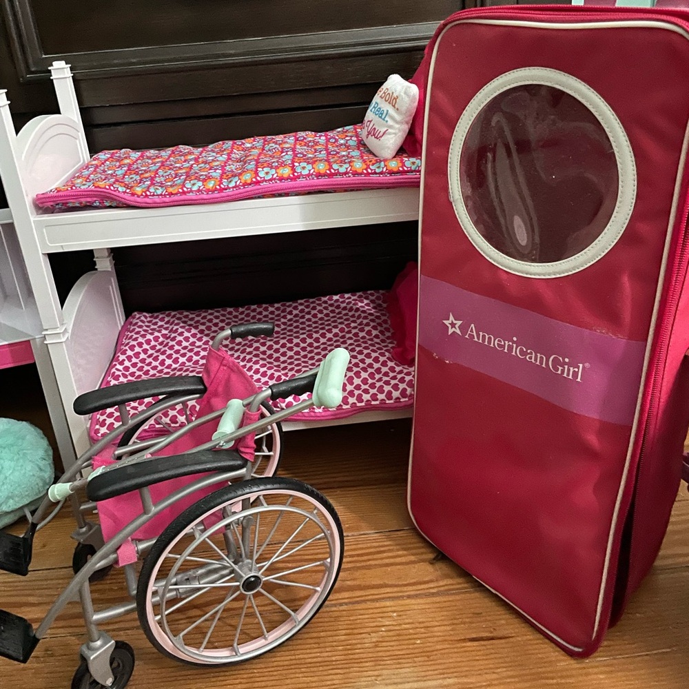 American Girl doll bed and desk set with accessories and clothes